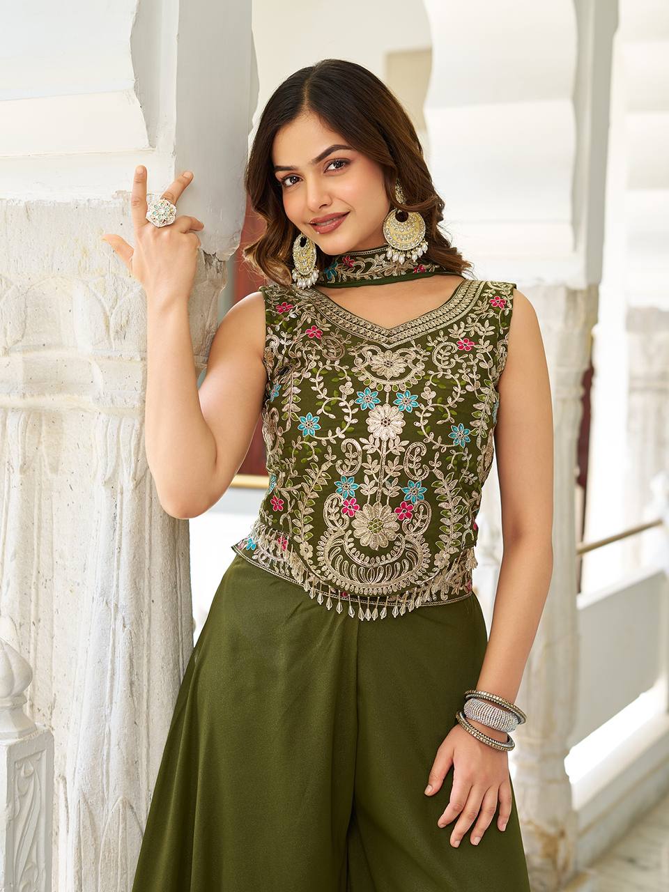 Party Wear Mahendi Green Star Georgette And Cording Sequence Work Palazzo Suit