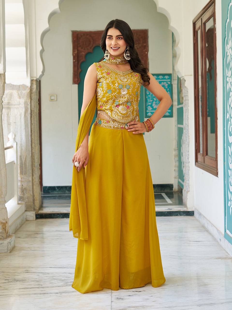 Haldi Wear Yellow Star Georgette And Cording Sequence Work Palazzo Suit