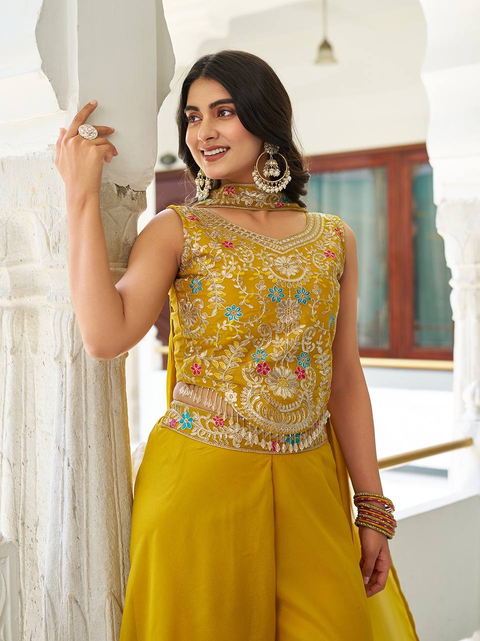 Haldi Wear Yellow Star Georgette And Cording Sequence Work Palazzo Suit