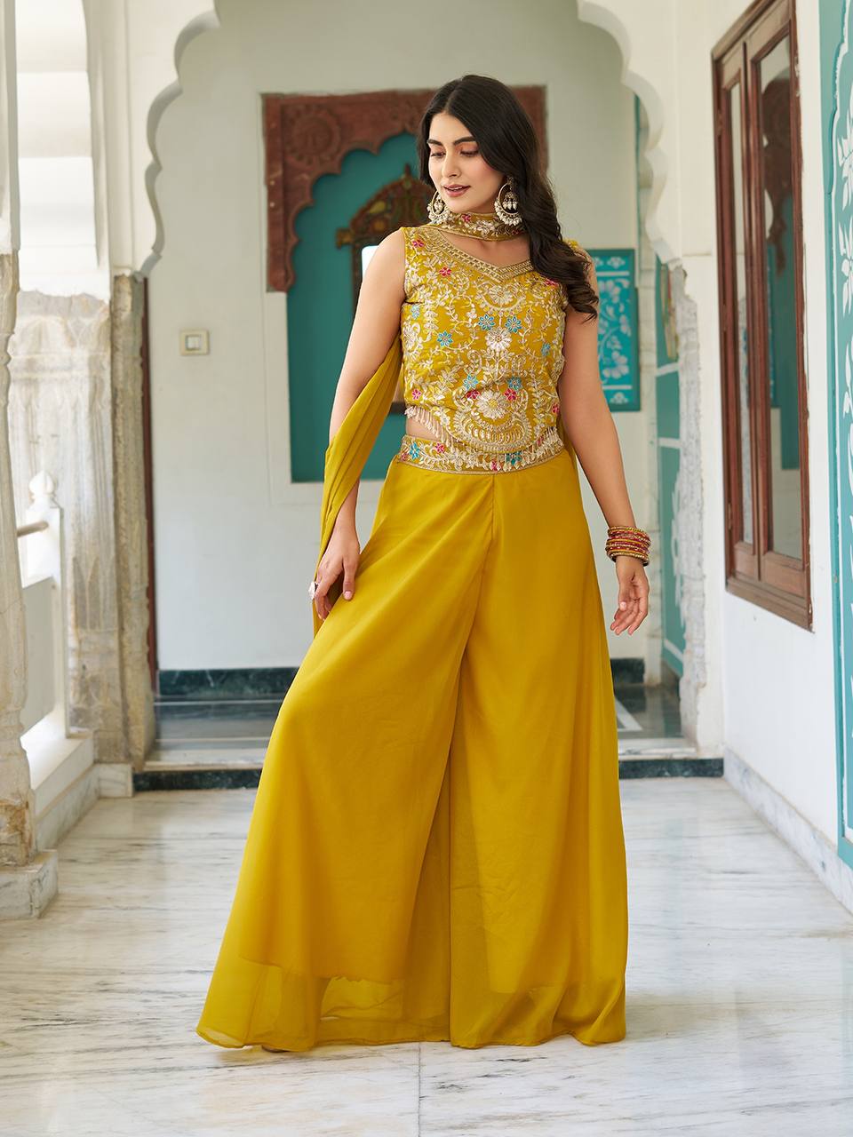 Haldi Wear Yellow Star Georgette And Cording Sequence Work Palazzo Suit