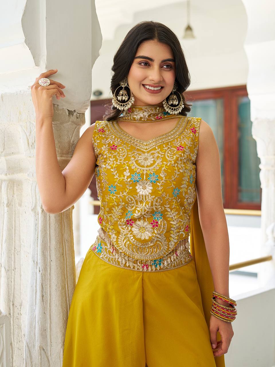 Haldi Wear Yellow Star Georgette And Cording Sequence Work Palazzo Suit