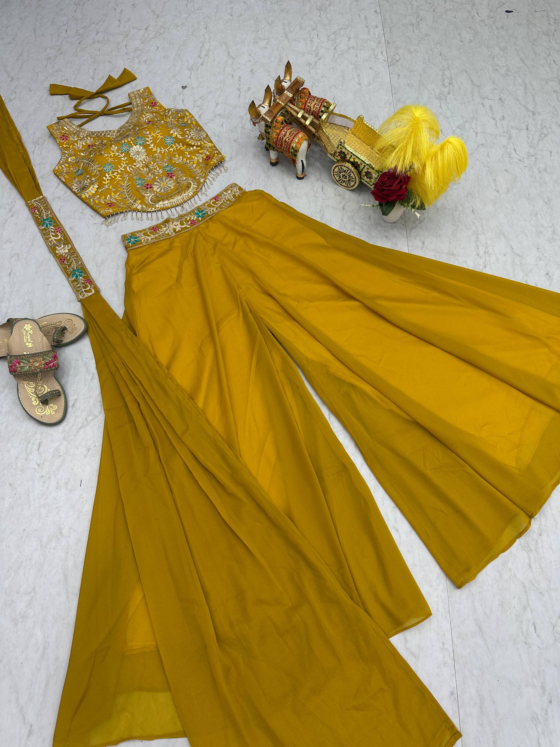 Haldi Wear Yellow Star Georgette And Cording Sequence Work Palazzo Suit