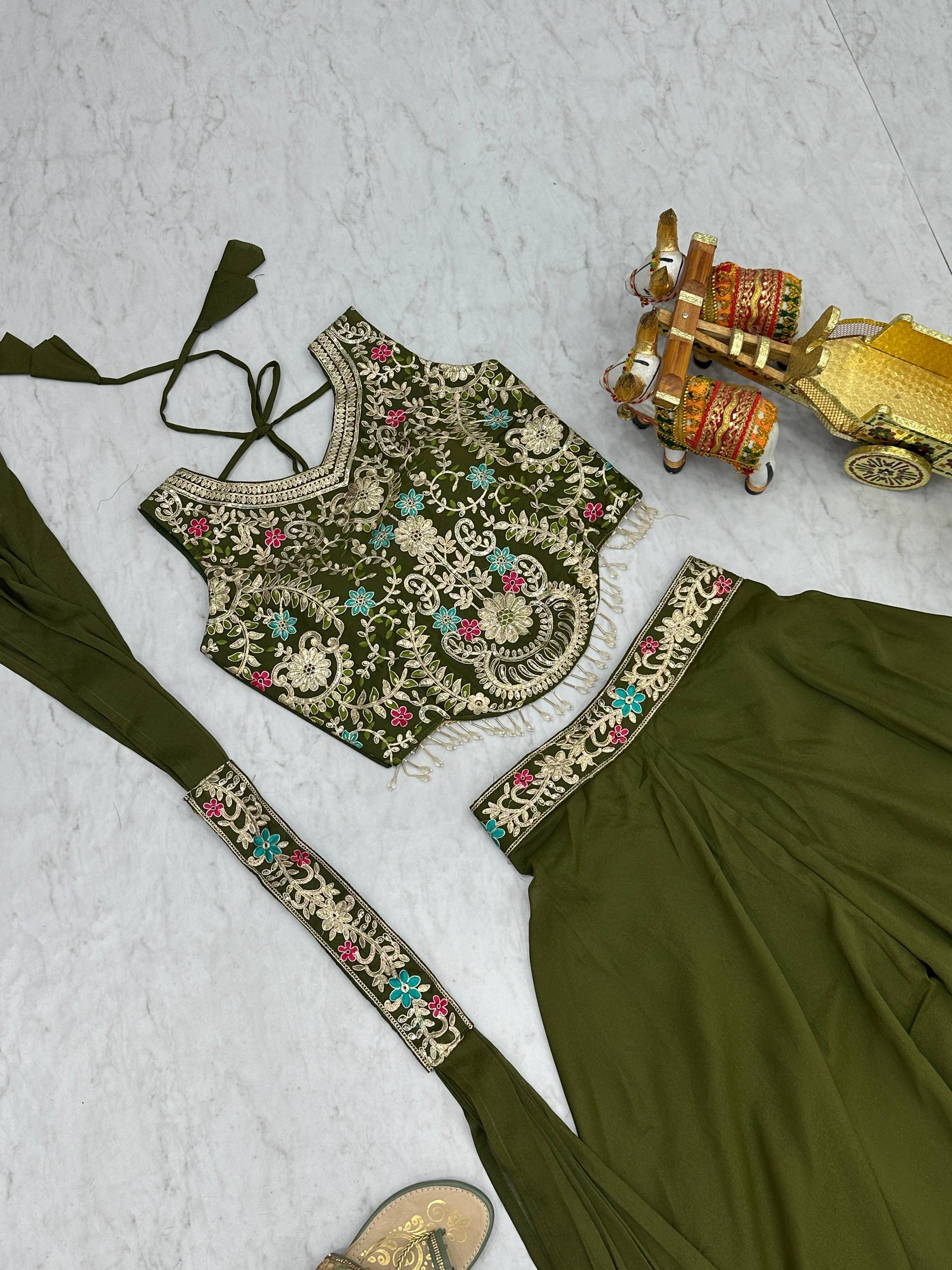 Party Wear Mahendi Green Star Georgette And Cording Sequence Work Palazzo Suit