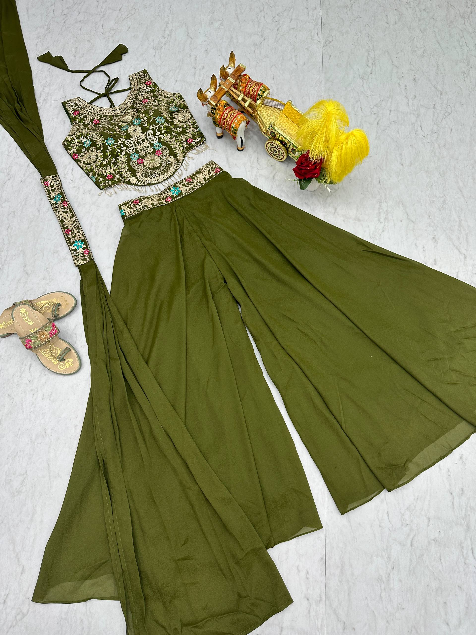 Party Wear Mahendi Green Star Georgette And Cording Sequence Work Palazzo Suit