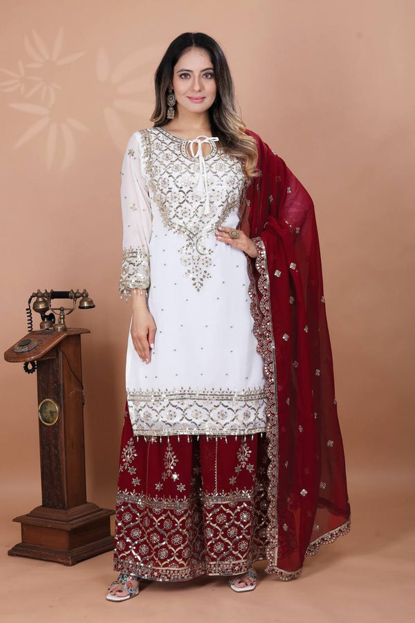 Function Wear Maroon Color Heavy Faux Georgette With Embroidery Sequence Work Sharara Suit