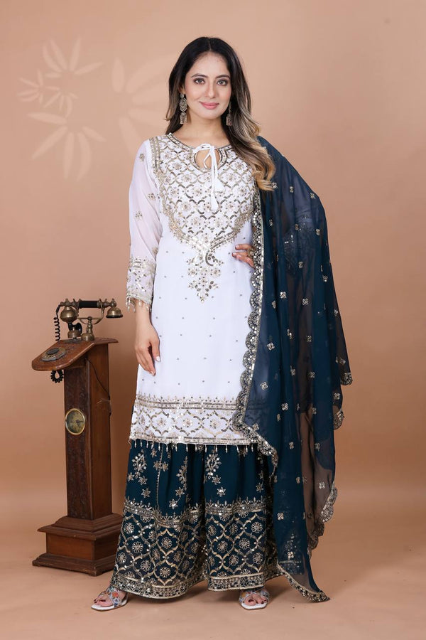 Function Wear Teal Blue Color Heavy Faux Georgette With Embroidery Sequence Work Sharara Suit
