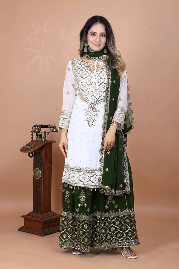 Function Wear Green Color Heavy Faux Georgette With Embroidery Sequence Work Sharara Suit
