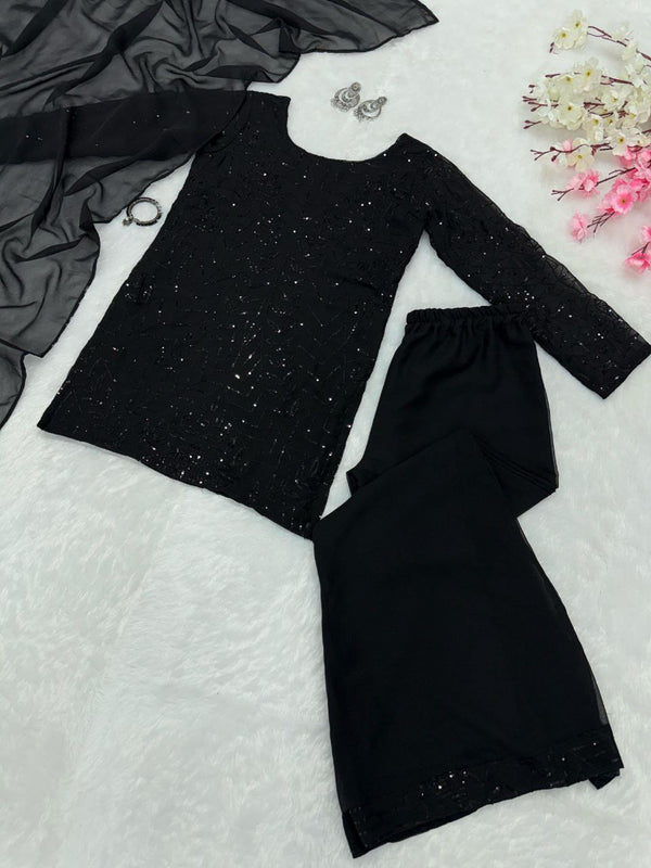 Casual Wear Black Color Pure Georgette Embroidery Sequins Work Palazzo Suit