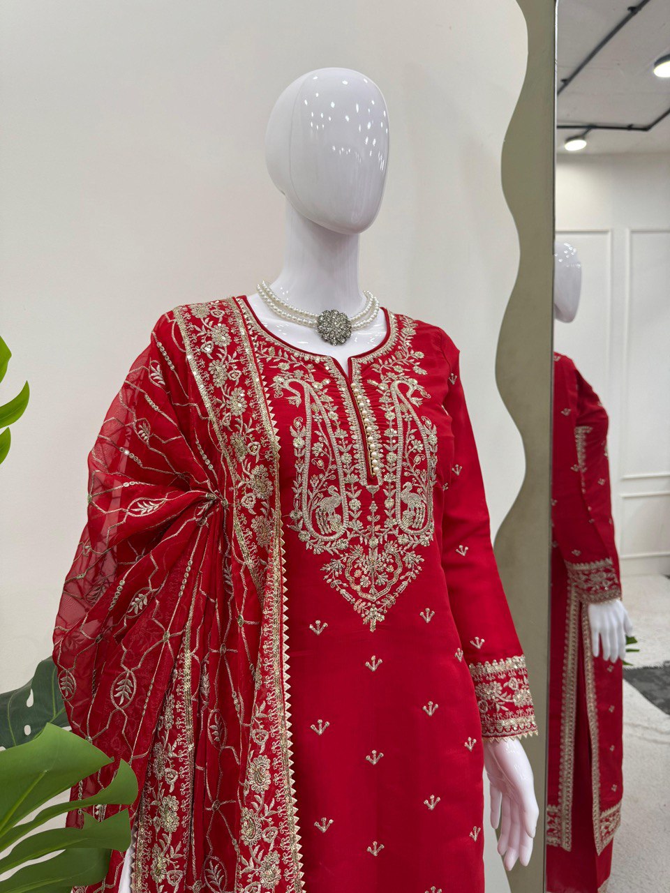 Admiring Red Color Roman Silk Thread With Sequence Work Palazzo Suit