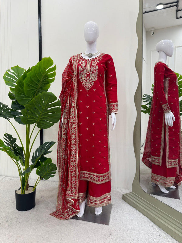 Admiring Red Color Roman Silk Thread With Sequence Work Palazzo Suit