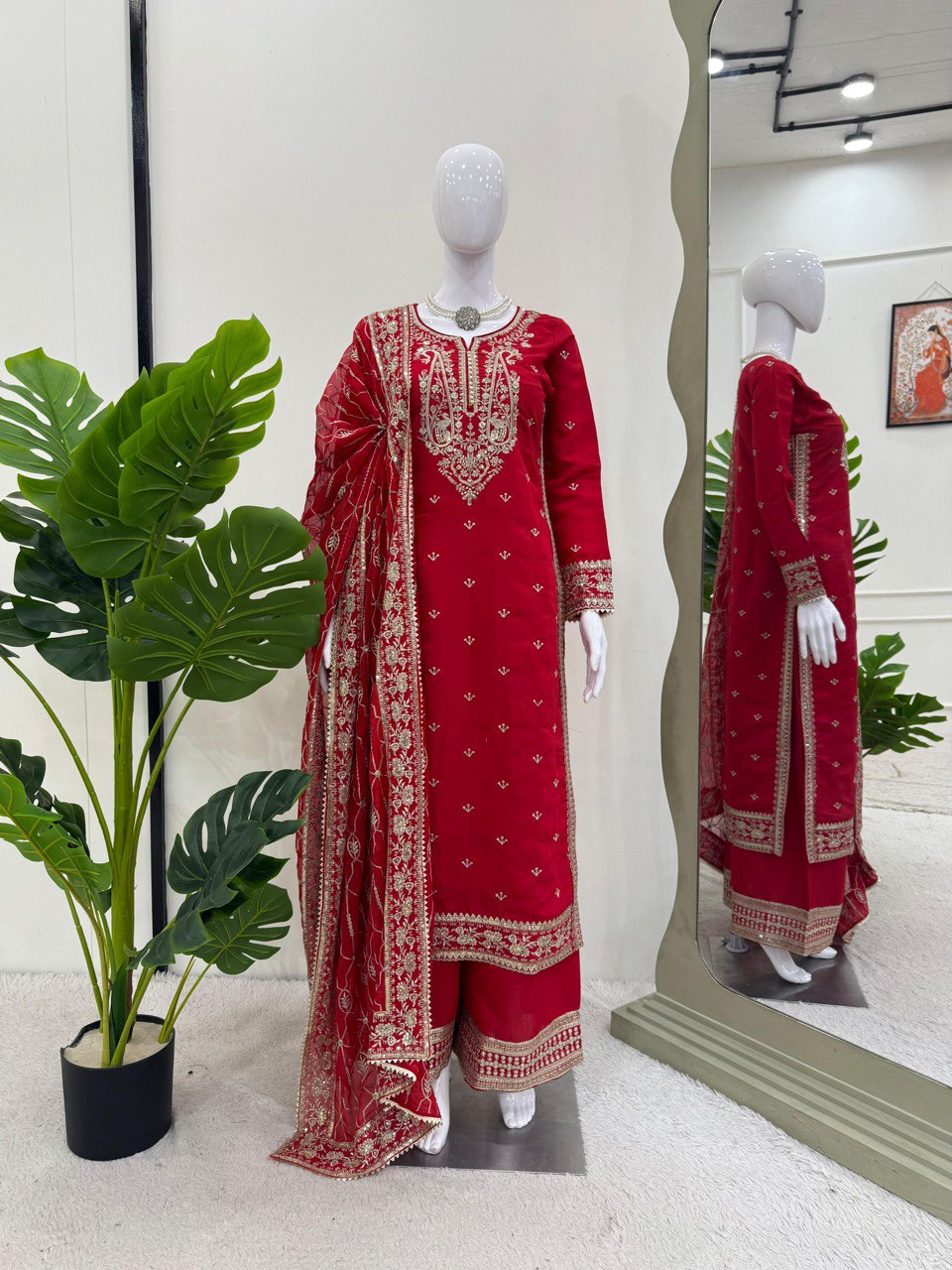 Admiring Red Color Roman Silk Thread With Sequence Work Palazzo Suit