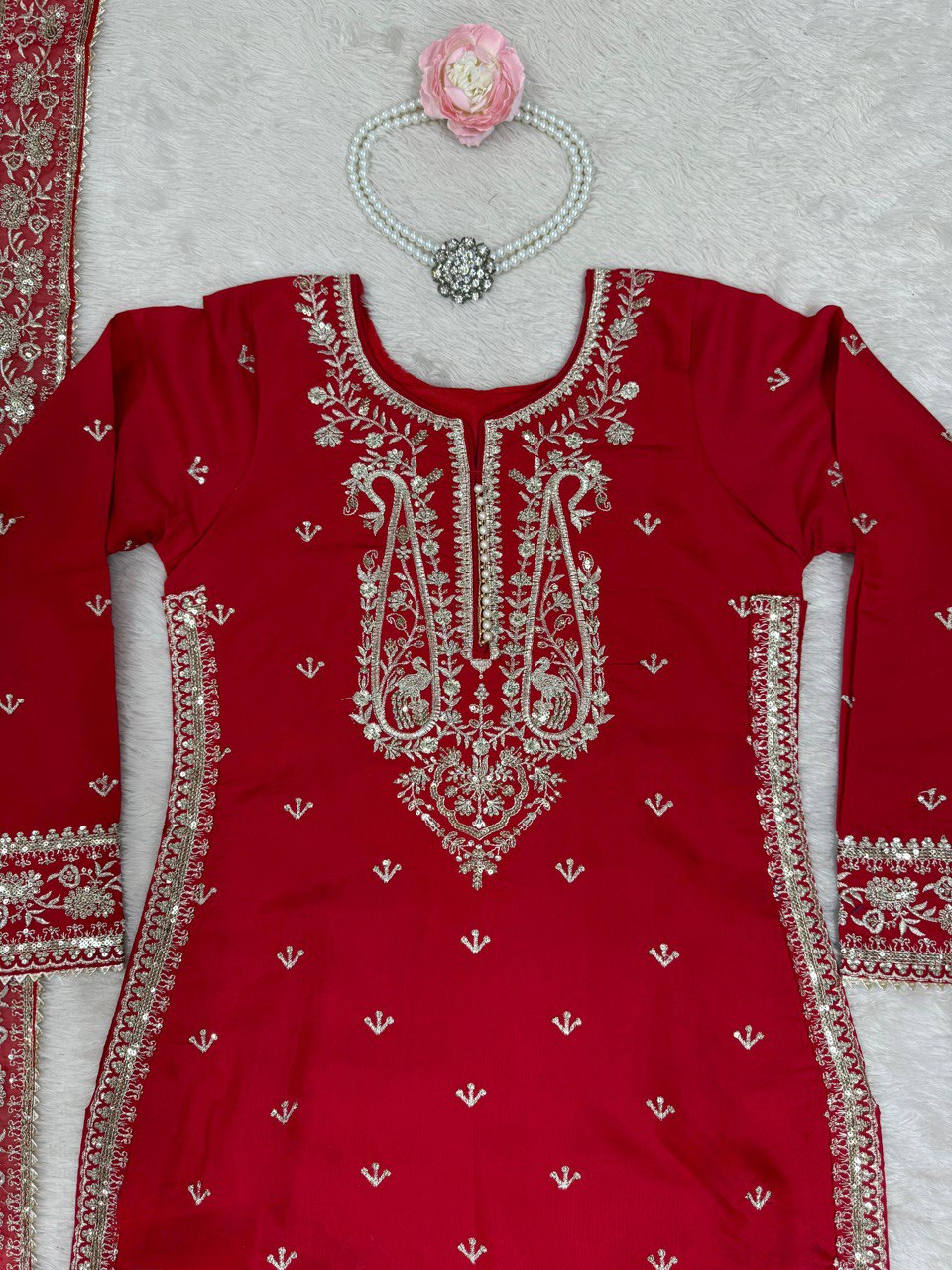 Admiring Red Color Roman Silk Thread With Sequence Work Palazzo Suit