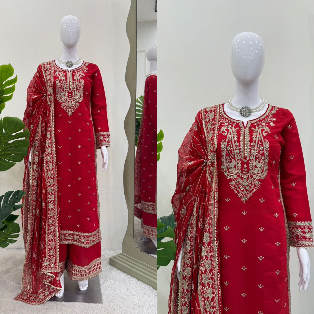 Admiring Red Color Roman Silk Thread With Sequence Work Palazzo Suit