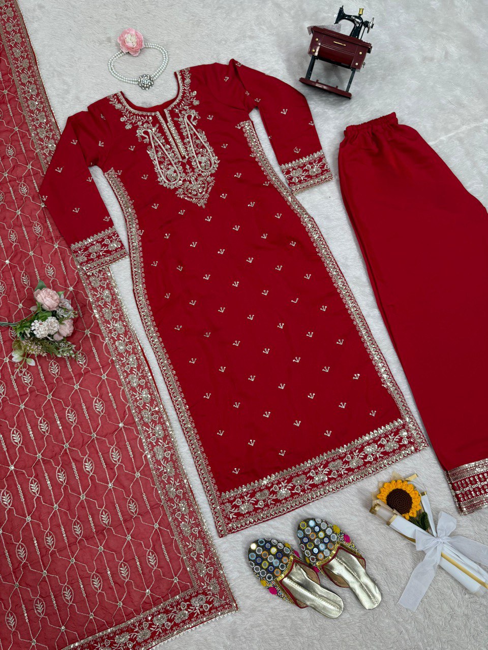 Admiring Red Color Roman Silk Thread With Sequence Work Palazzo Suit