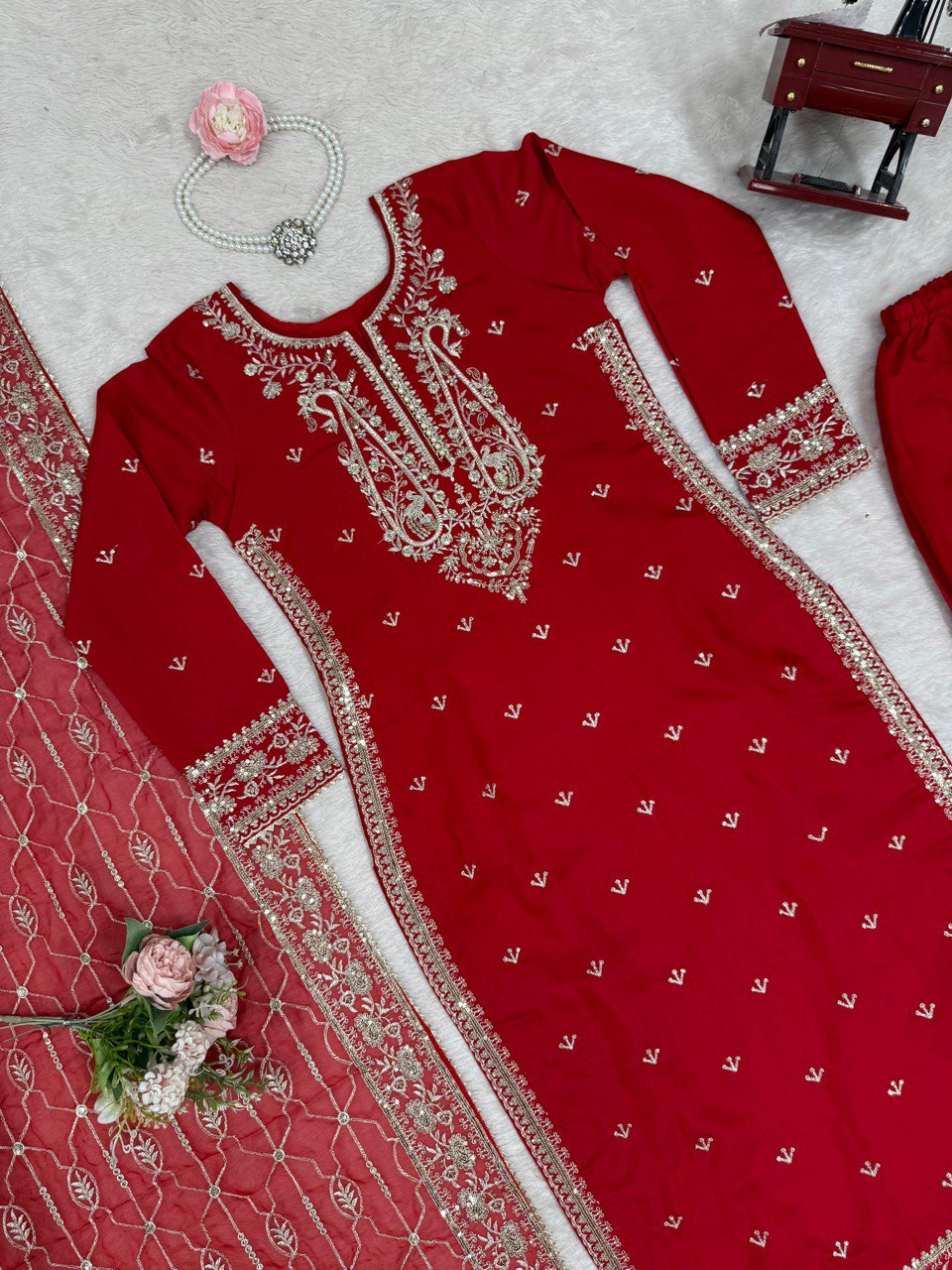 Admiring Red Color Roman Silk Thread With Sequence Work Palazzo Suit