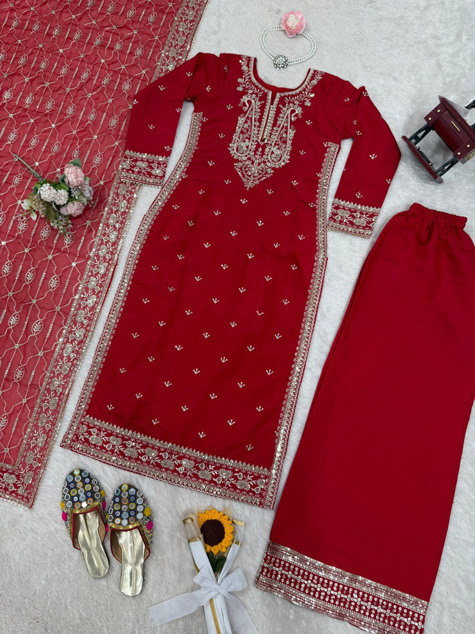 Admiring Red Color Roman Silk Thread With Sequence Work Palazzo Suit