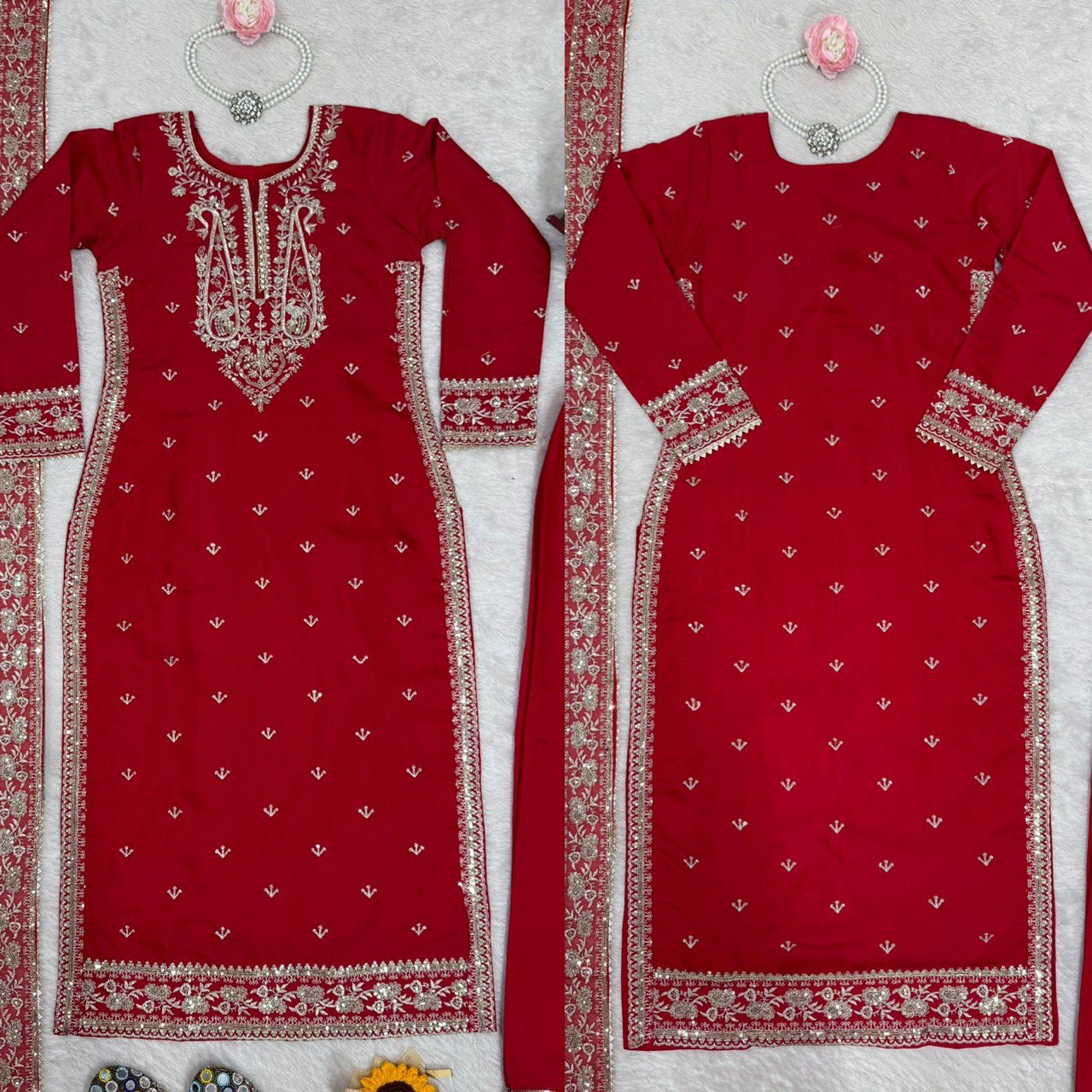 Admiring Red Color Roman Silk Thread With Sequence Work Palazzo Suit