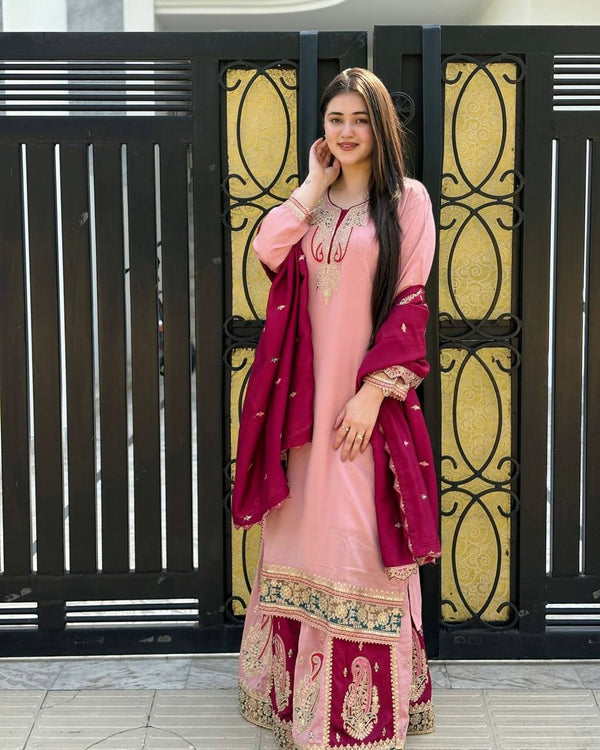 Bollywood Style Dusty Pink Color Pure Heavy Chinnon Silk With Heavy Embroidery Sequence Work Sharara Suit
