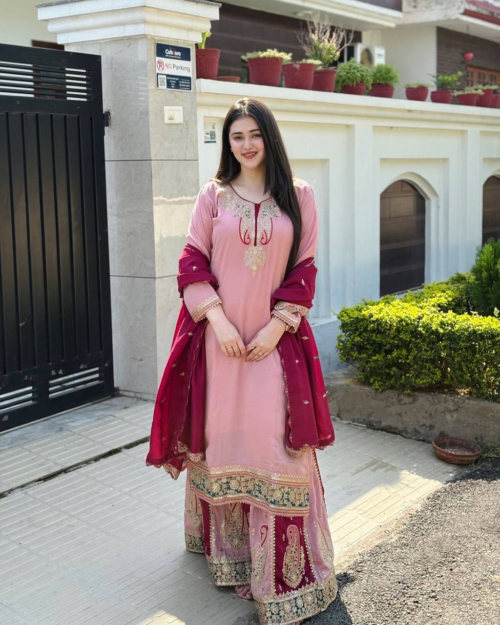 Bollywood Style Dusty Pink Color Pure Heavy Chinnon Silk With Heavy Embroidery Sequence Work Sharara Suit