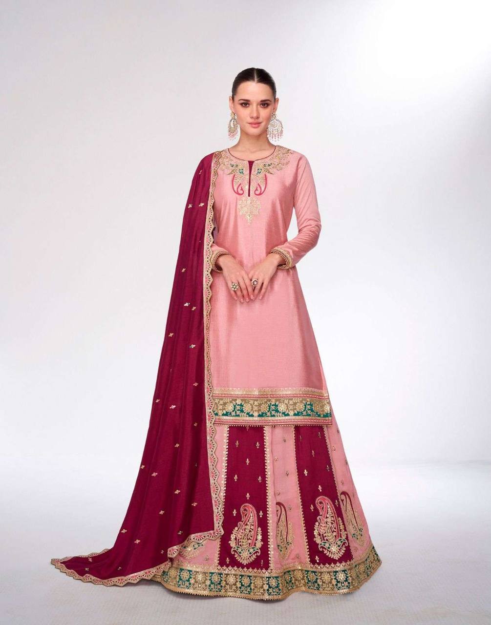 Bollywood Style Dusty Pink Color Pure Heavy Chinnon Silk With Heavy Embroidery Sequence Work Sharara Suit