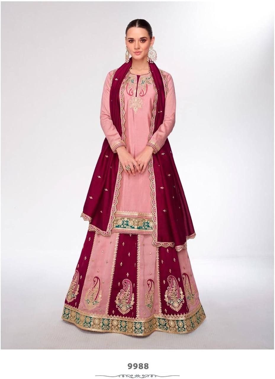 Bollywood Style Dusty Pink Color Pure Heavy Chinnon Silk With Heavy Embroidery Sequence Work Sharara Suit