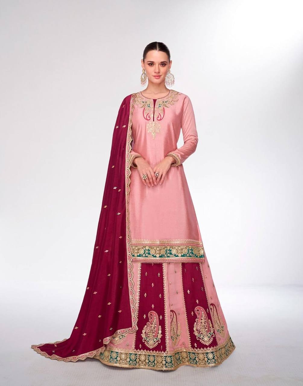 Bollywood Style Dusty Pink Color Pure Heavy Chinnon Silk With Heavy Embroidery Sequence Work Sharara Suit