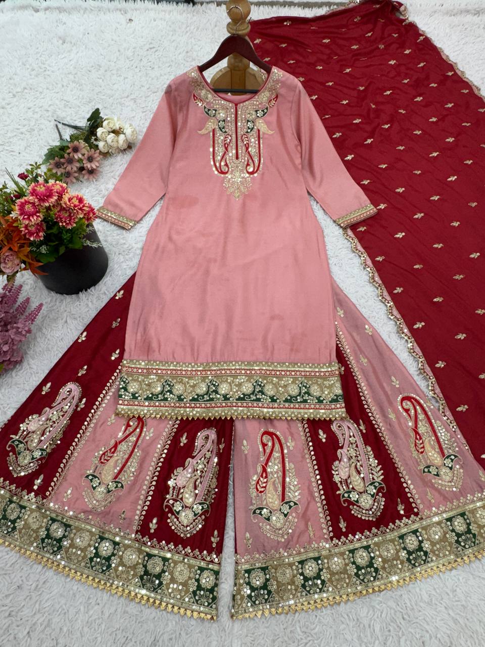 Bollywood Style Dusty Pink Color Pure Heavy Chinnon Silk With Heavy Embroidery Sequence Work Sharara Suit