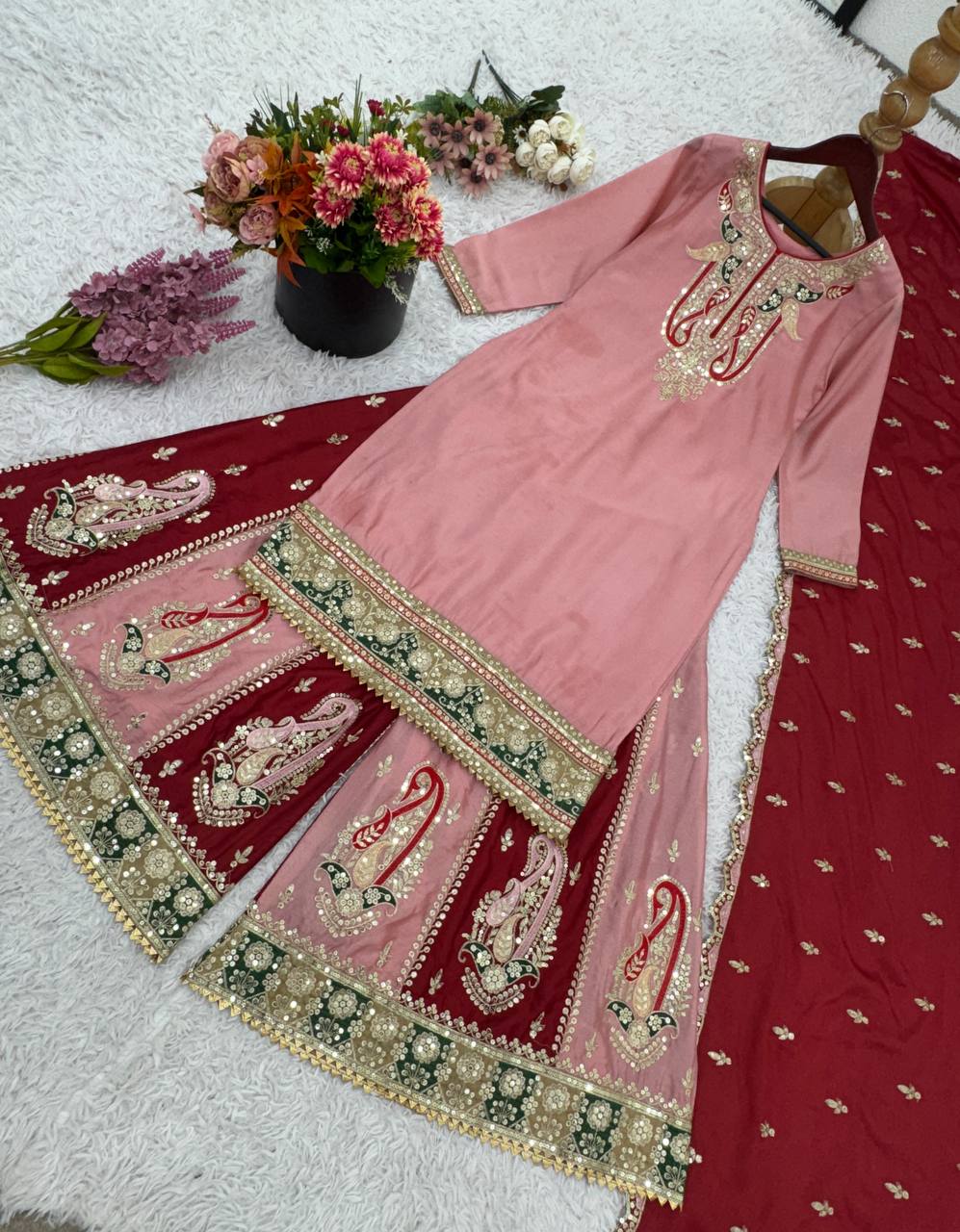 Bollywood Style Dusty Pink Color Pure Heavy Chinnon Silk With Heavy Embroidery Sequence Work Sharara Suit