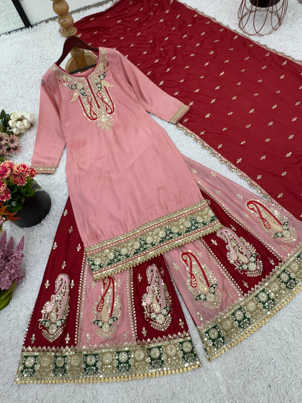 Bollywood Style Dusty Pink Color Pure Heavy Chinnon Silk With Heavy Embroidery Sequence Work Sharara Suit