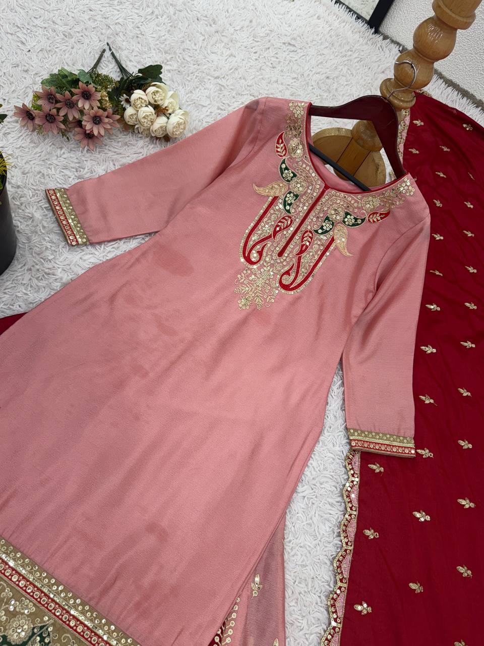 Bollywood Style Dusty Pink Color Pure Heavy Chinnon Silk With Heavy Embroidery Sequence Work Sharara Suit