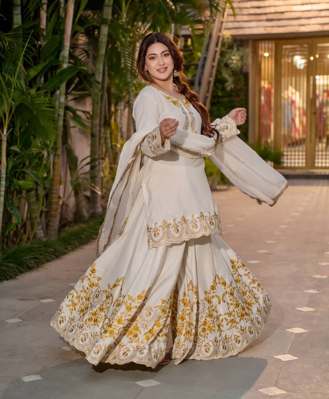 Bollywood Style White Color Pure Heavy Natural Crep Silk With Heavy Embroidery Work Sharara Suit
