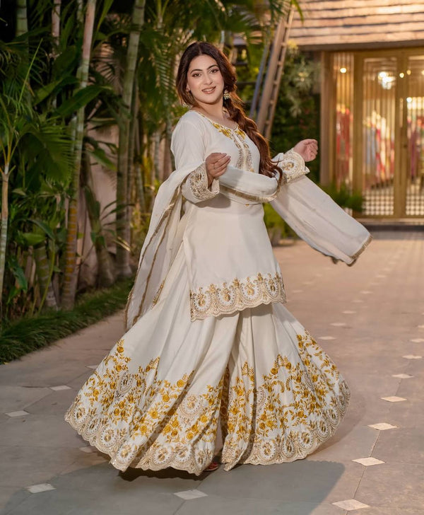 Bollywood Style White Color Pure Heavy Natural Crep Silk With Heavy Embroidery Work Sharara Suit