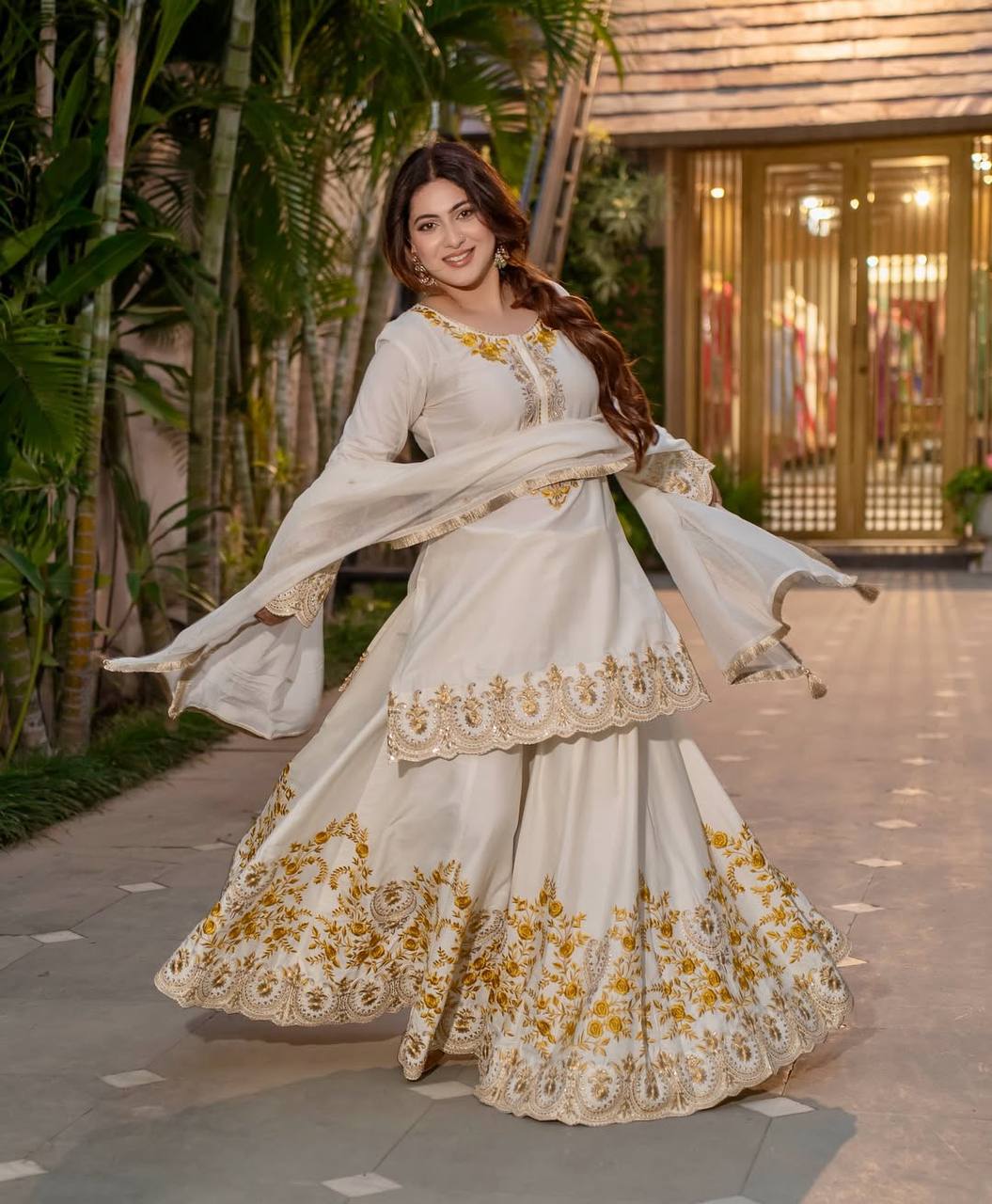 Bollywood Style White Color Pure Heavy Natural Crep Silk With Heavy Embroidery Work Sharara Suit