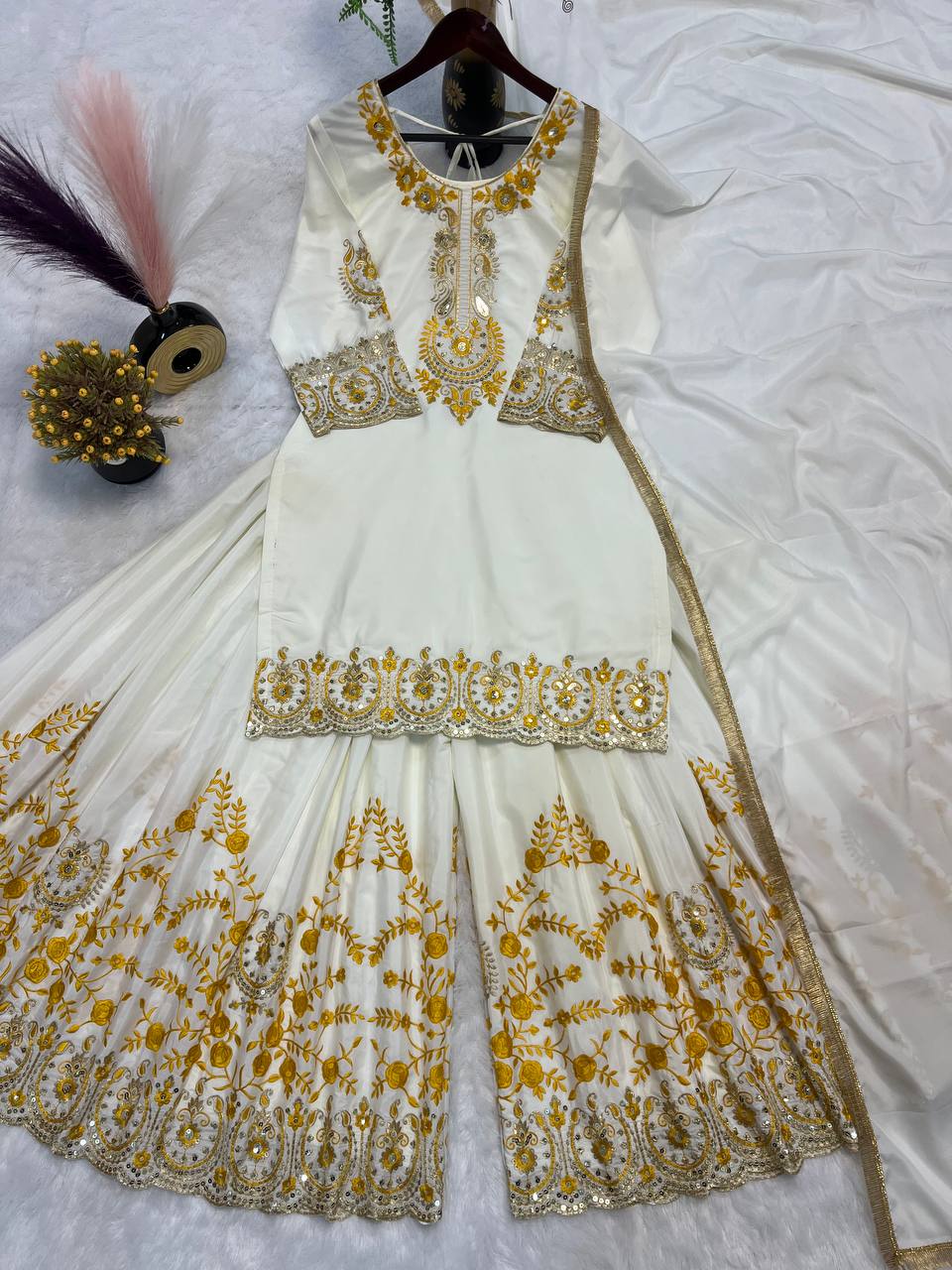 Bollywood Style White Color Pure Heavy Natural Crep Silk With Heavy Embroidery Work Sharara Suit