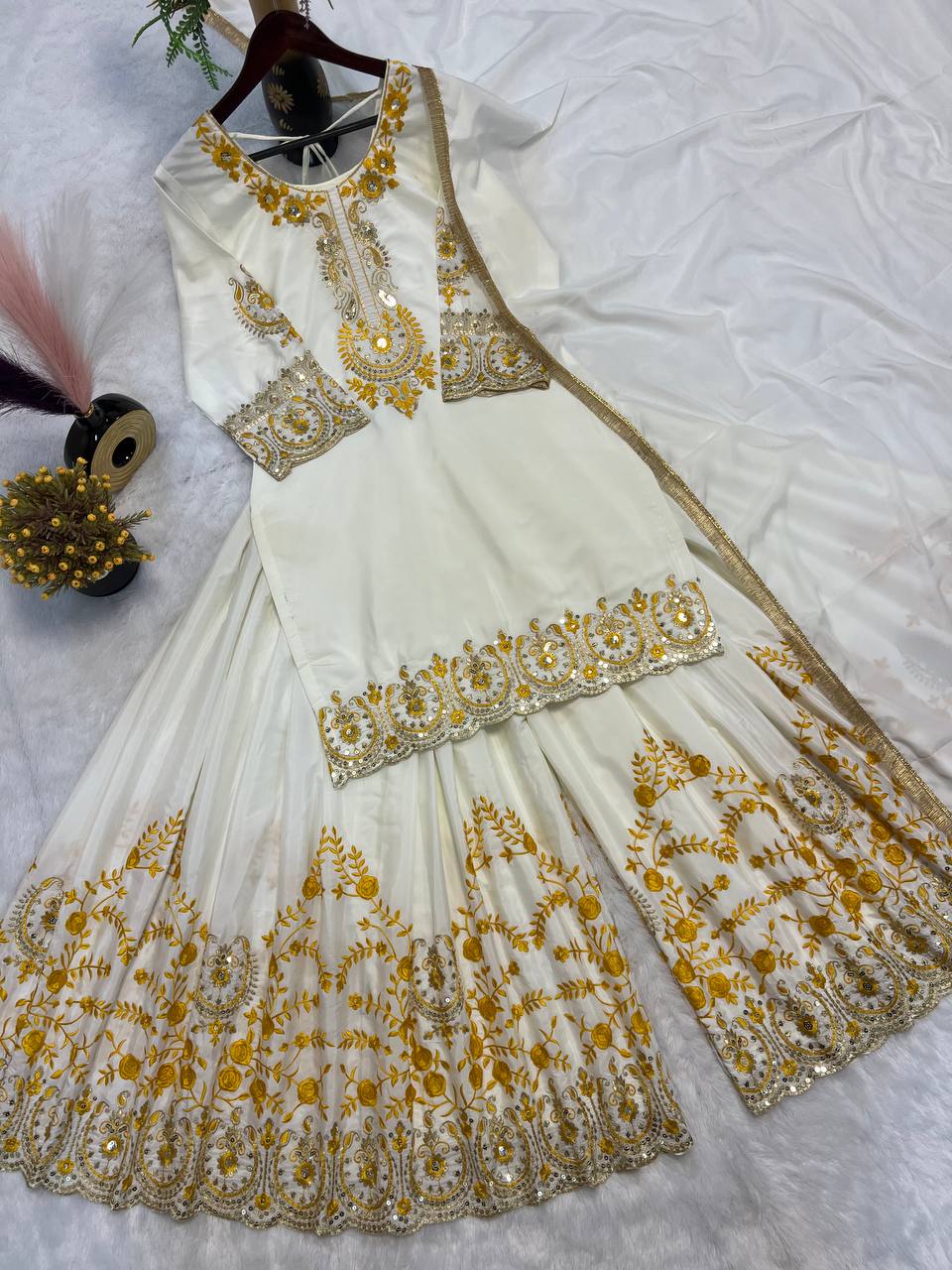 Bollywood Style White Color Pure Heavy Natural Crep Silk With Heavy Embroidery Work Sharara Suit