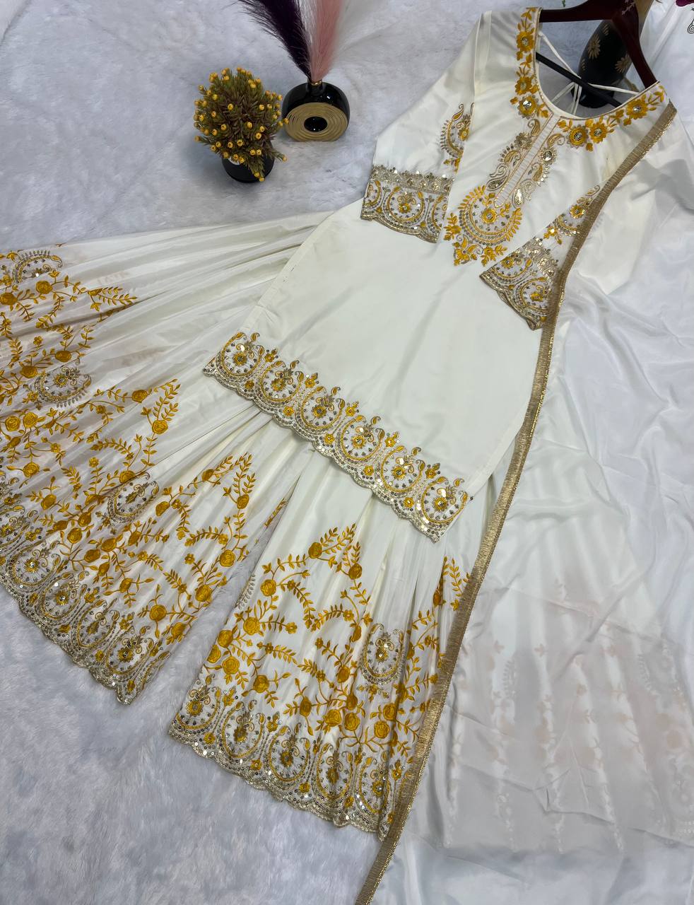 Bollywood Style White Color Pure Heavy Natural Crep Silk With Heavy Embroidery Work Sharara Suit
