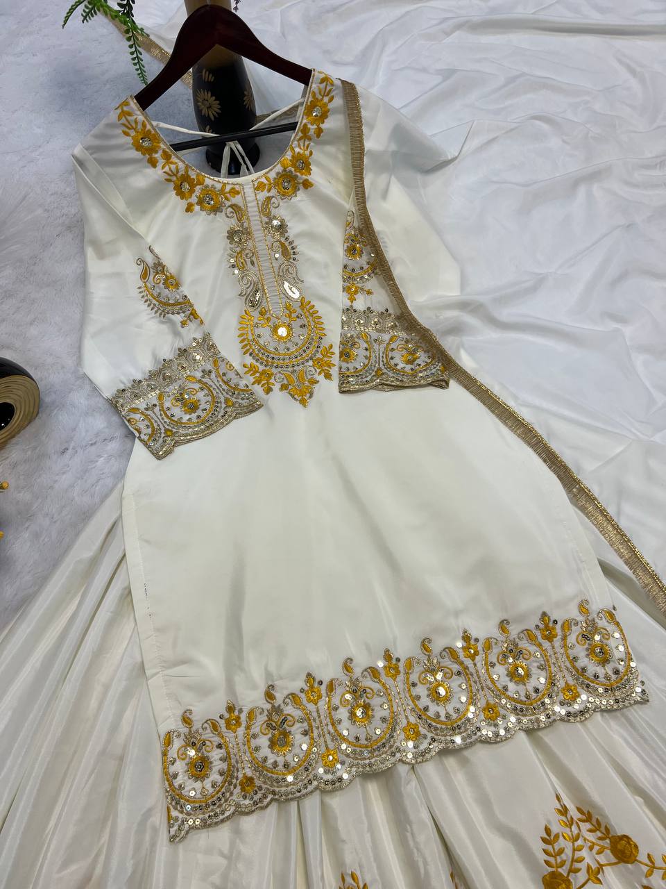 Bollywood Style White Color Pure Heavy Natural Crep Silk With Heavy Embroidery Work Sharara Suit
