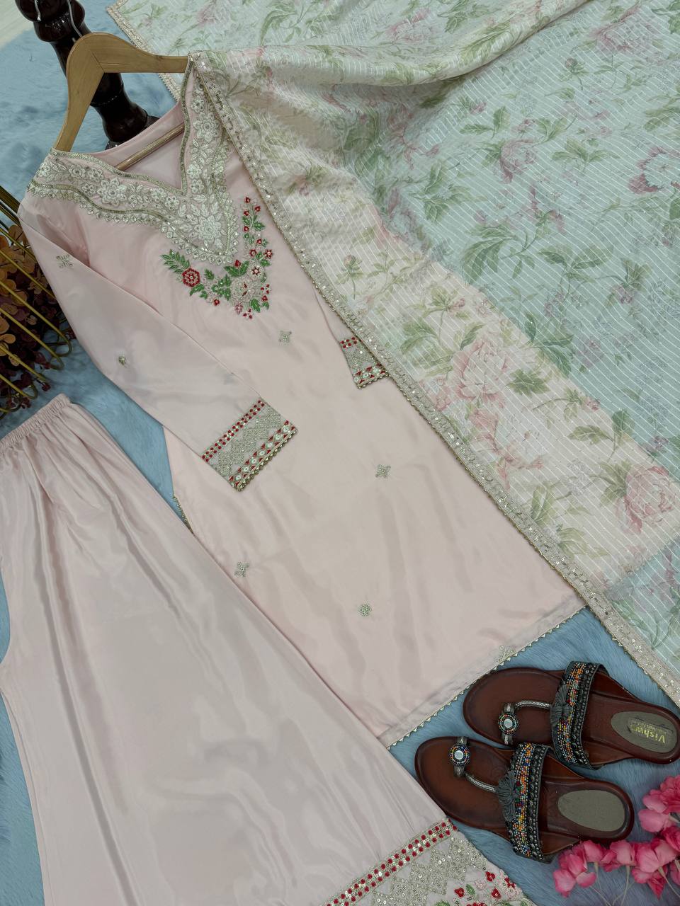 Party Wear Baby Pink Color Pure Natural Crepe With Embroidery Work Palazzo Suit