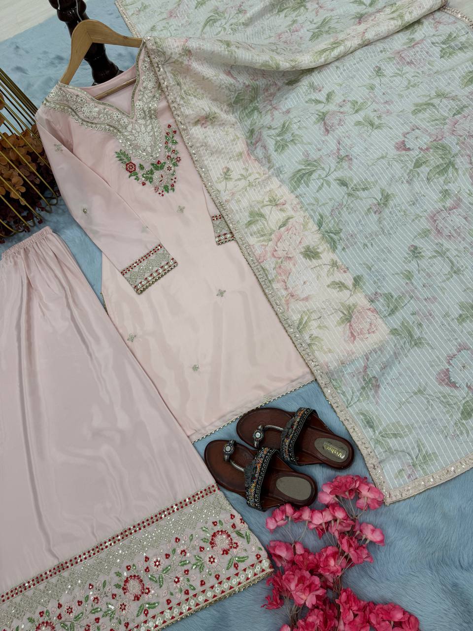 Party Wear Baby Pink Color Pure Natural Crepe With Embroidery Work Palazzo Suit
