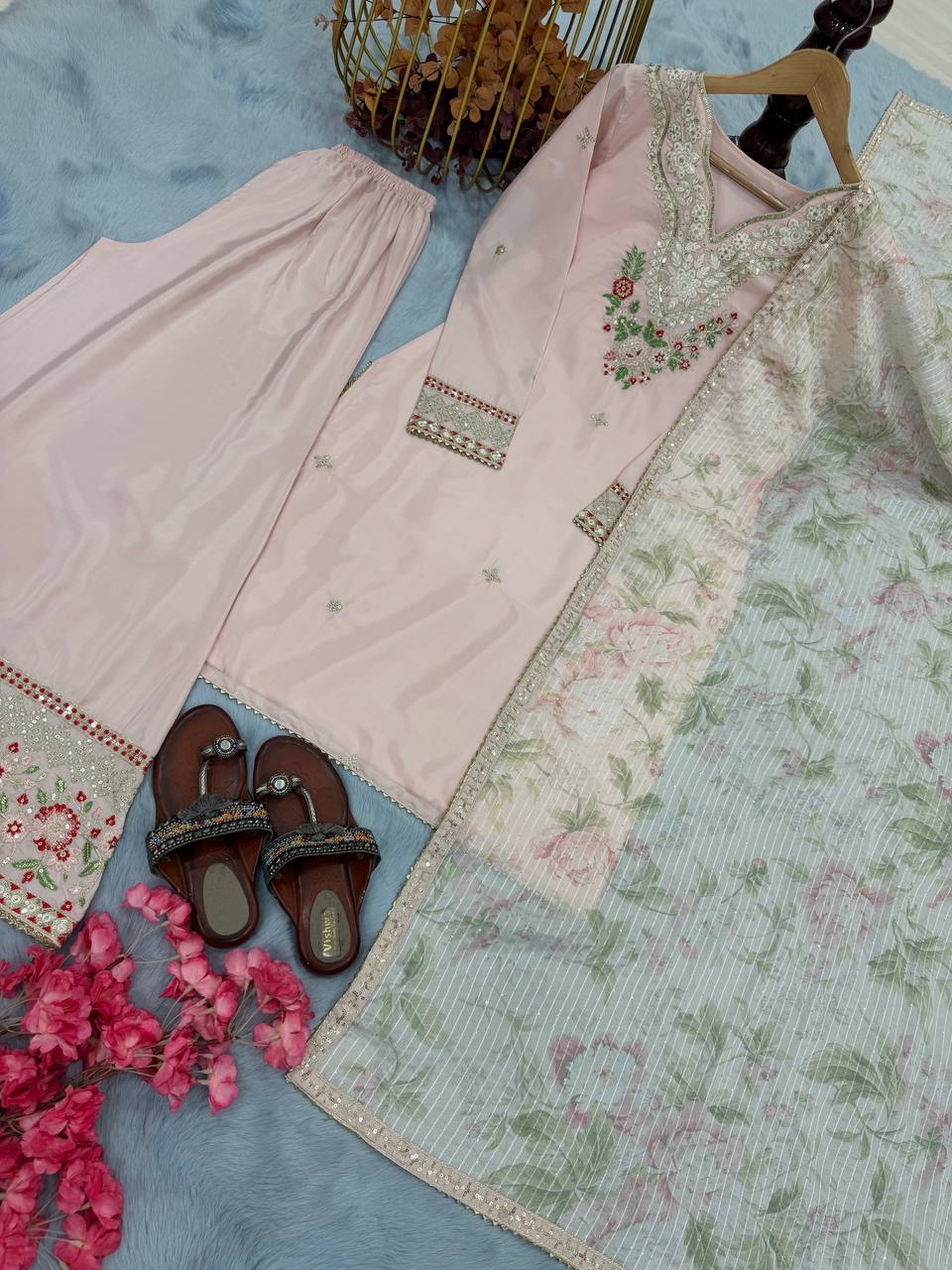 Party Wear Baby Pink Color Pure Natural Crepe With Embroidery Work Palazzo Suit