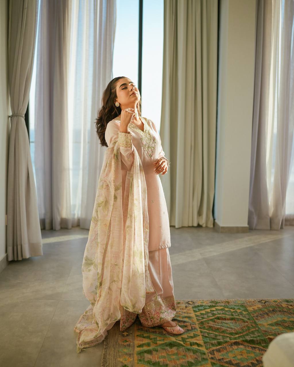 Party Wear Baby Pink Color Pure Natural Crepe With Embroidery Work Palazzo Suit