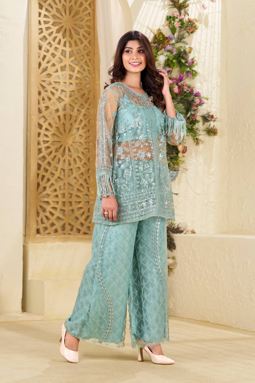 Function Wear Green Butterfly Net With Sequence Embroidery Work Palazzo Suit