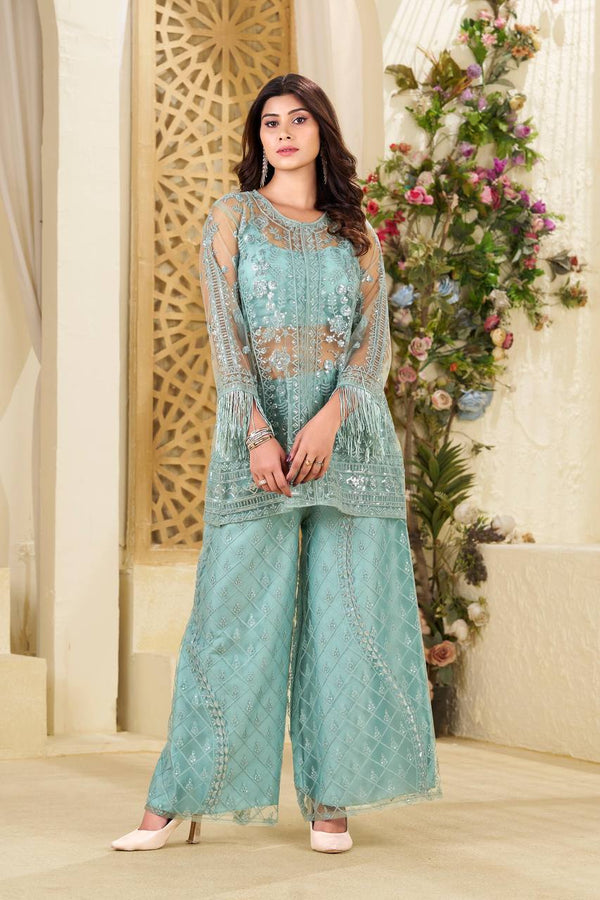 Function Wear Green Butterfly Net With Sequence Embroidery Work Palazzo Suit