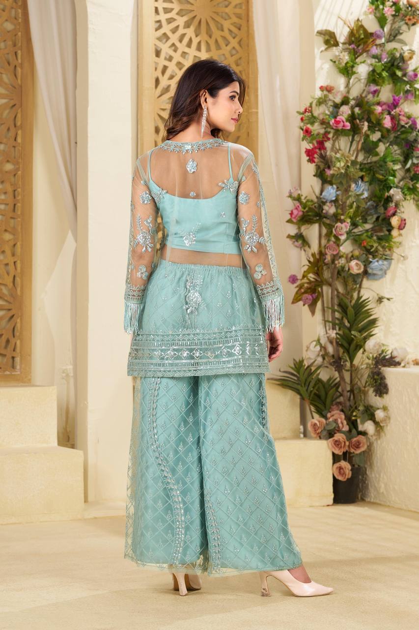 Function Wear Green Butterfly Net With Sequence Embroidery Work Palazzo Suit