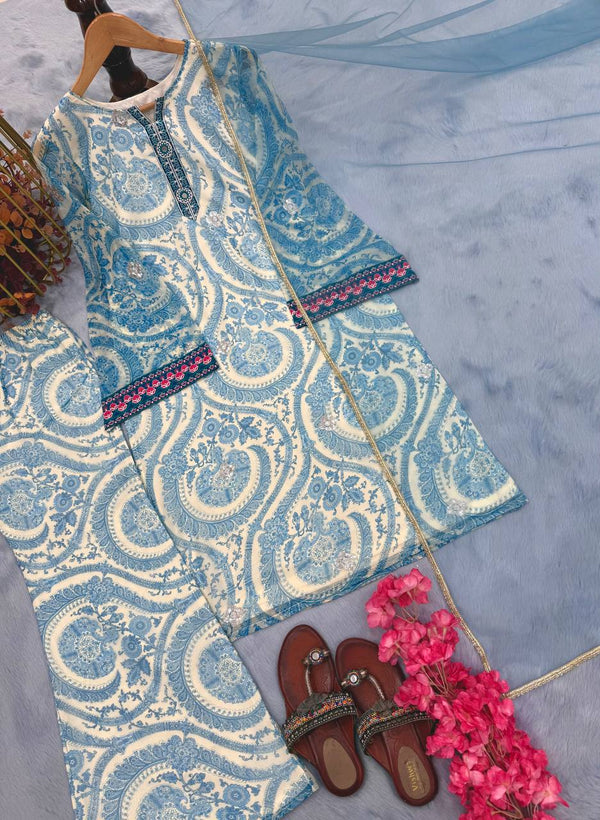 Party Wear Sky Blur Color Pure Chifon Georgette With Digital Print With Embroidery Work Palazzo Suit