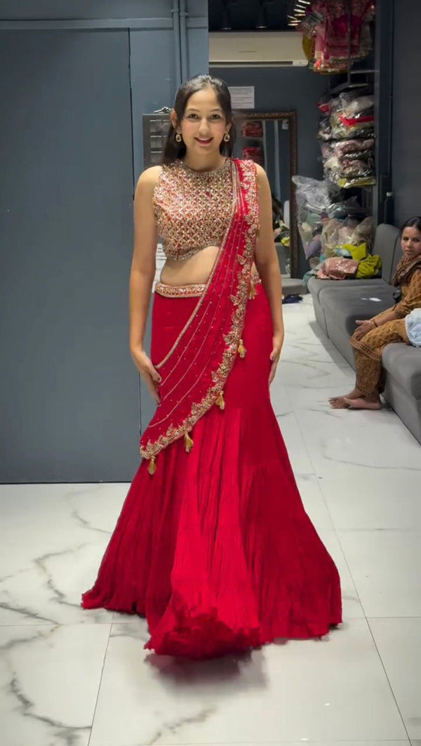 Party Wear Red Color Faux Georgette Thread With Sequence Work Ready Wear Lehenga Saree