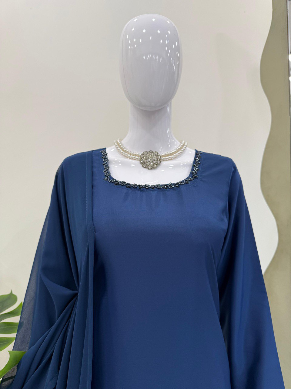 Party Wear Navy Blue Color Natural Crepe Beads With Moti With Thread Work Palazzo Suit
