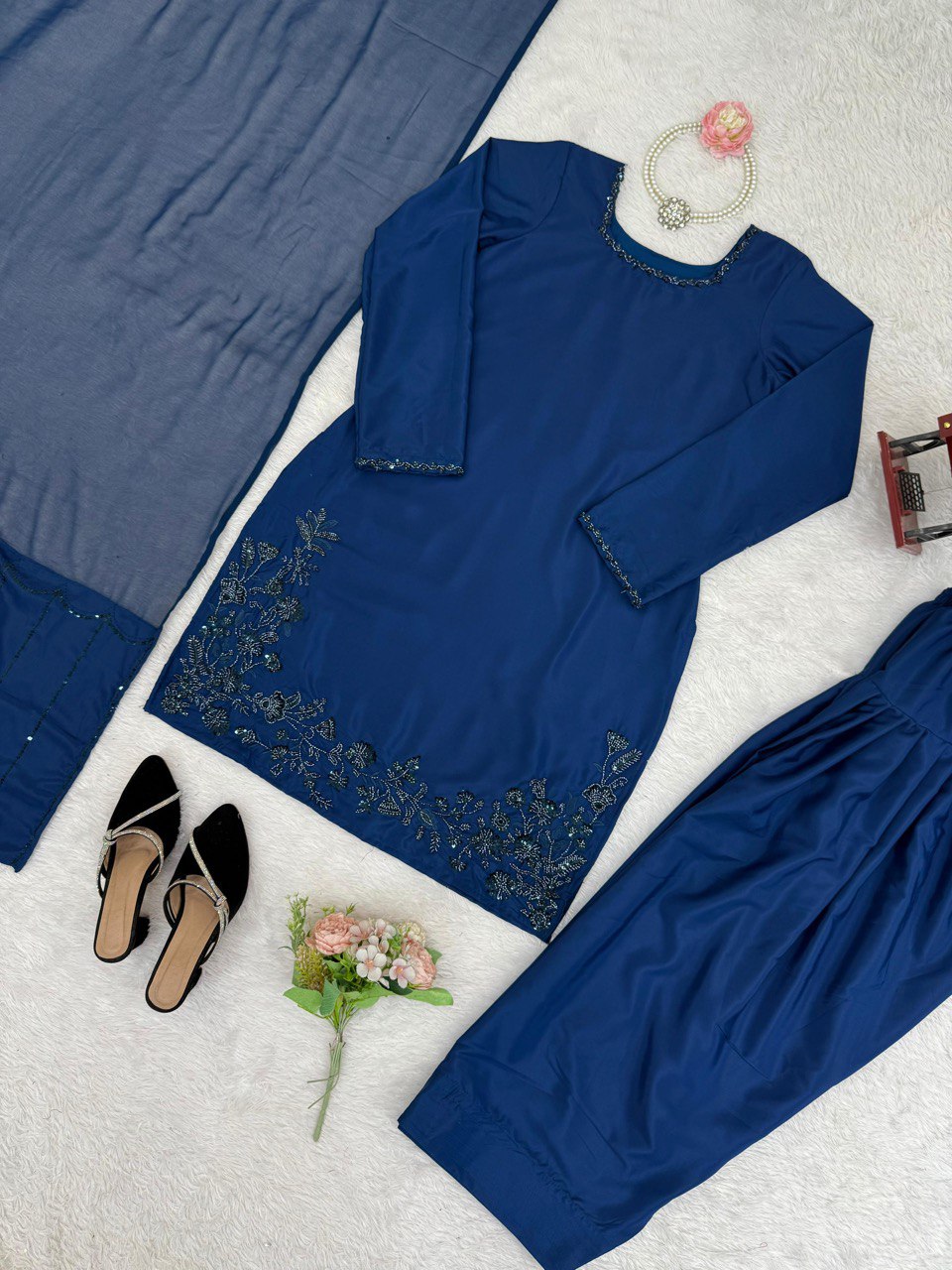 Party Wear Navy Blue Color Natural Crepe Beads With Moti With Thread Work Palazzo Suit