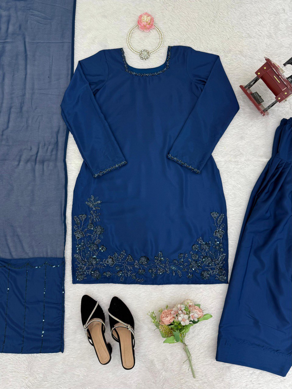 Party Wear Navy Blue Color Natural Crepe Beads With Moti With Thread Work Palazzo Suit