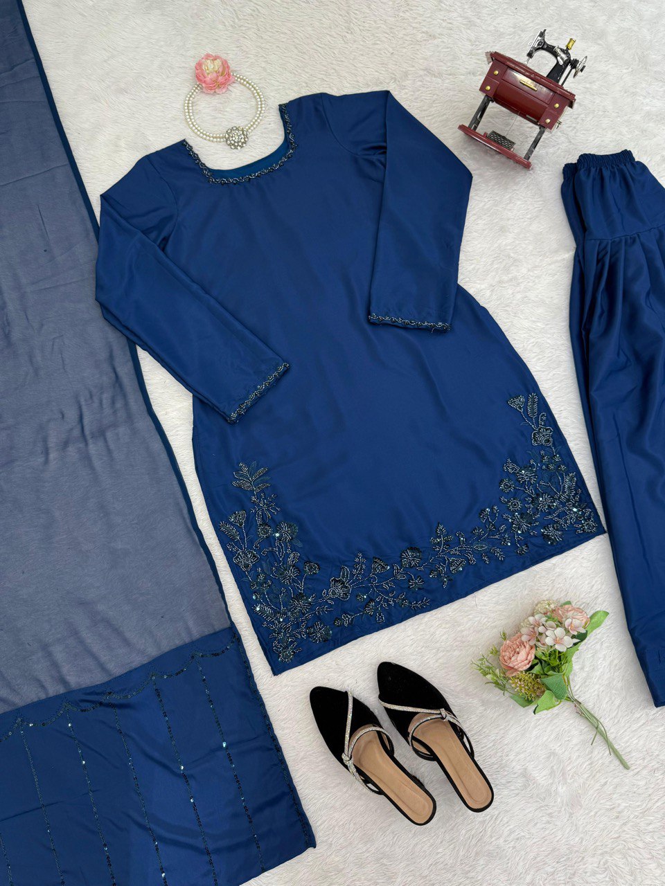 Party Wear Navy Blue Color Natural Crepe Beads With Moti With Thread Work Palazzo Suit